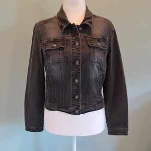 Rock & Republic Charcoal Distressed Jean Jacket With American Flag Women's Large